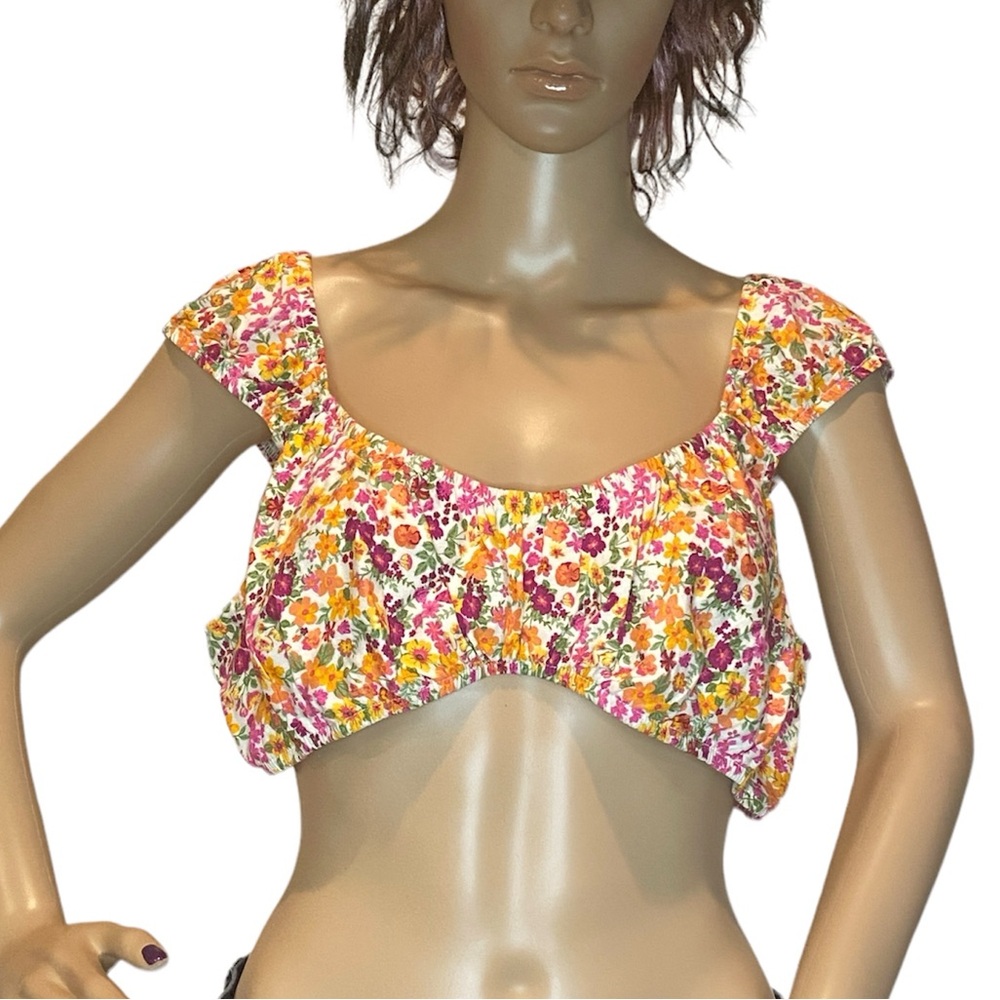 Wild Fable Floral Print Very Short Cropped Capped Sleeves Top Size Large NWT